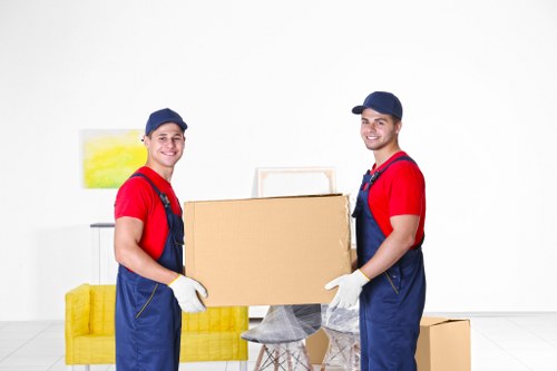 Professional movers loading a van with household items